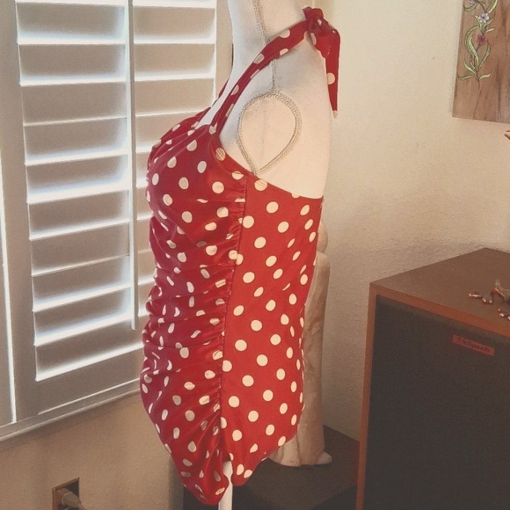 🏊👙Esther Williams Vintage Red Polka Dot  Rusched Front Drape Swimsuit Size 16 - Picture 2 of 9